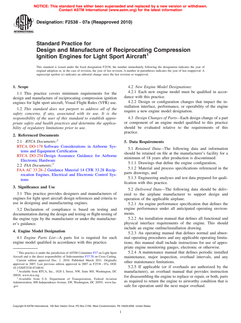 ASTM F2538-07a(2010) - Standard Practice for Design and Manufacture of Reciprocating Compression Ignition Engines for Light Sport Aircraft