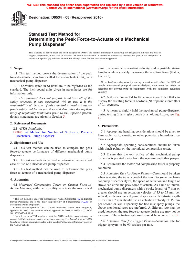 ASTM D6534-05(2010) - Standard Test Method for Determining the Peak Force-to-Actuate a Mechanical Pump Dispenser