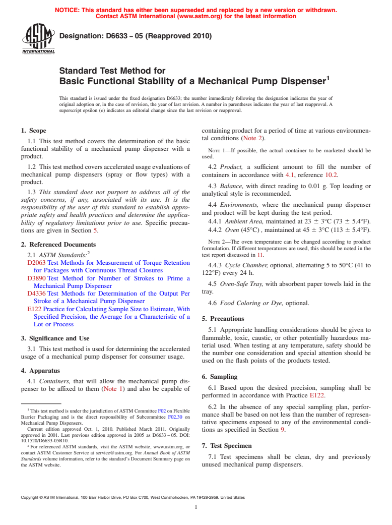 ASTM D6633-05(2010) - Standard Test Method for Basic Functional Stability of a Mechanical Pump Dispenser