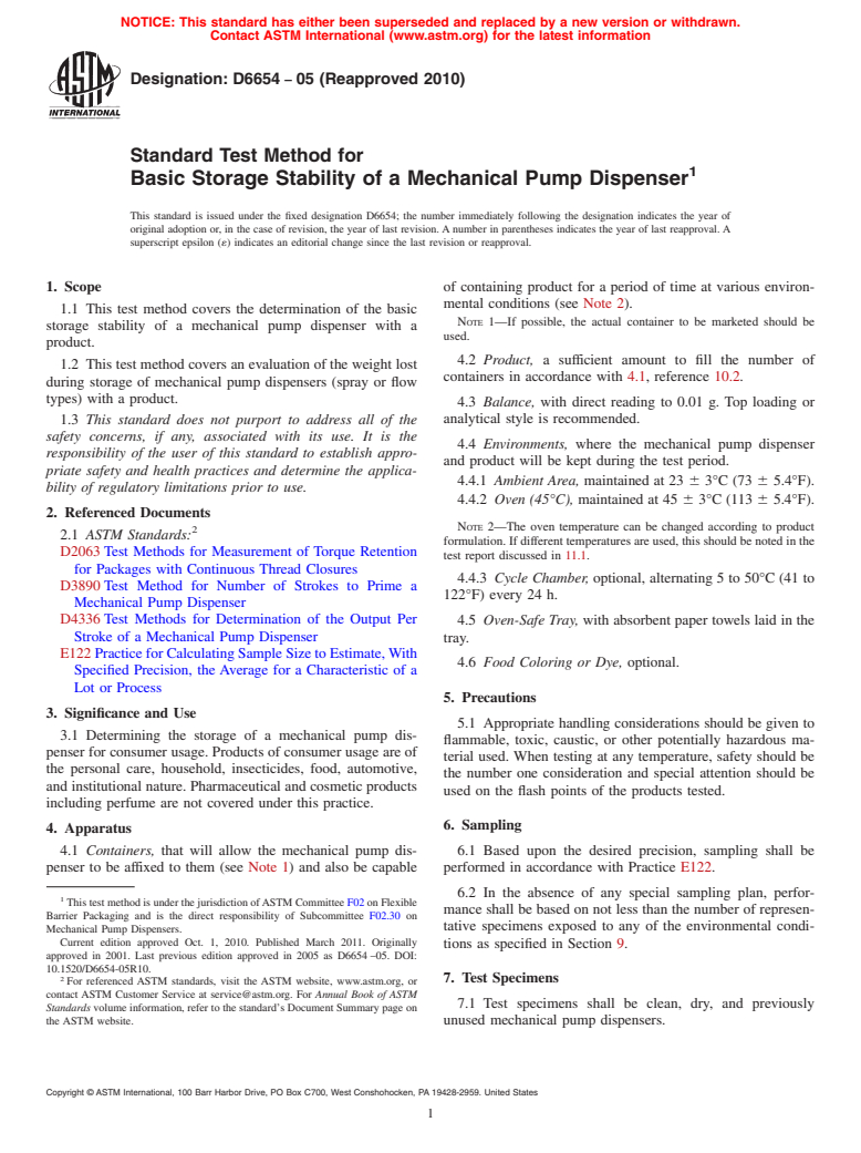 ASTM D6654-05(2010) - Standard Test Method for Basic Storage Stability of a Mechanical Pump Dispenser