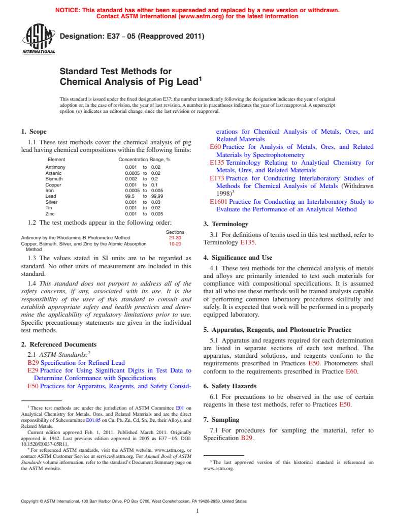 ASTM E37-05(2011) - Standard Test Methods for Chemical Analysis of Pig Lead (Withdrawn 2020)