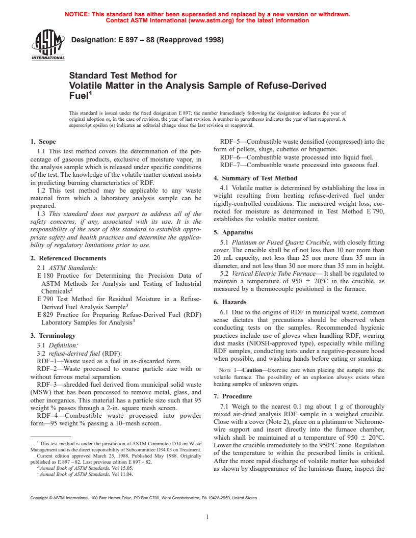 ASTM E897-88(1998) - Standard Test Method for Volatile Matter in the Analysis Sample of Refuse-Derived Fuel