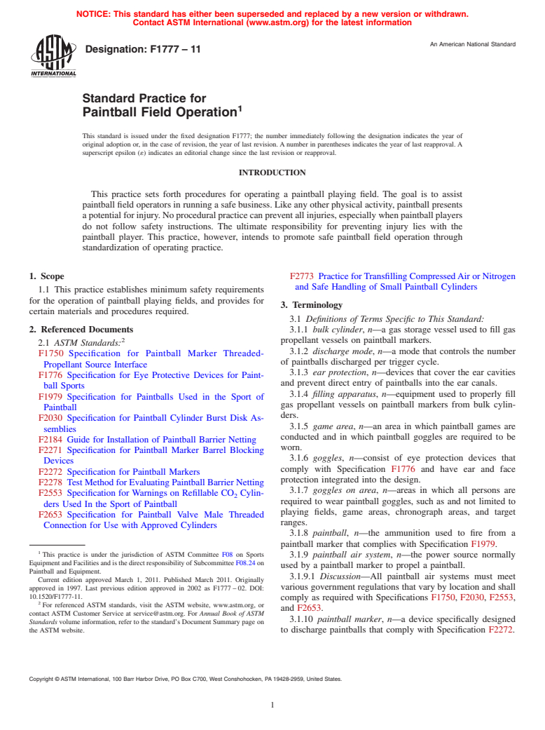 ASTM F1777-11 - Standard Practice for Paintball Field Operation