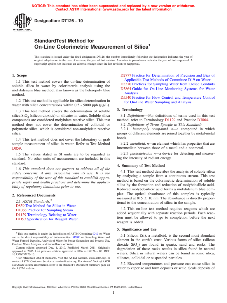 ASTM D7126-10 - Standard Test Method for On-Line Colorimetric Measurement of Silica