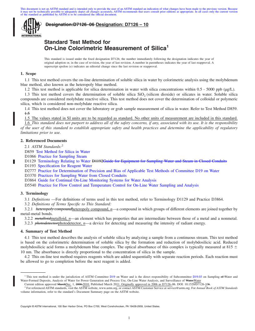 REDLINE ASTM D7126-10 - Standard Test Method for On-Line Colorimetric Measurement of Silica