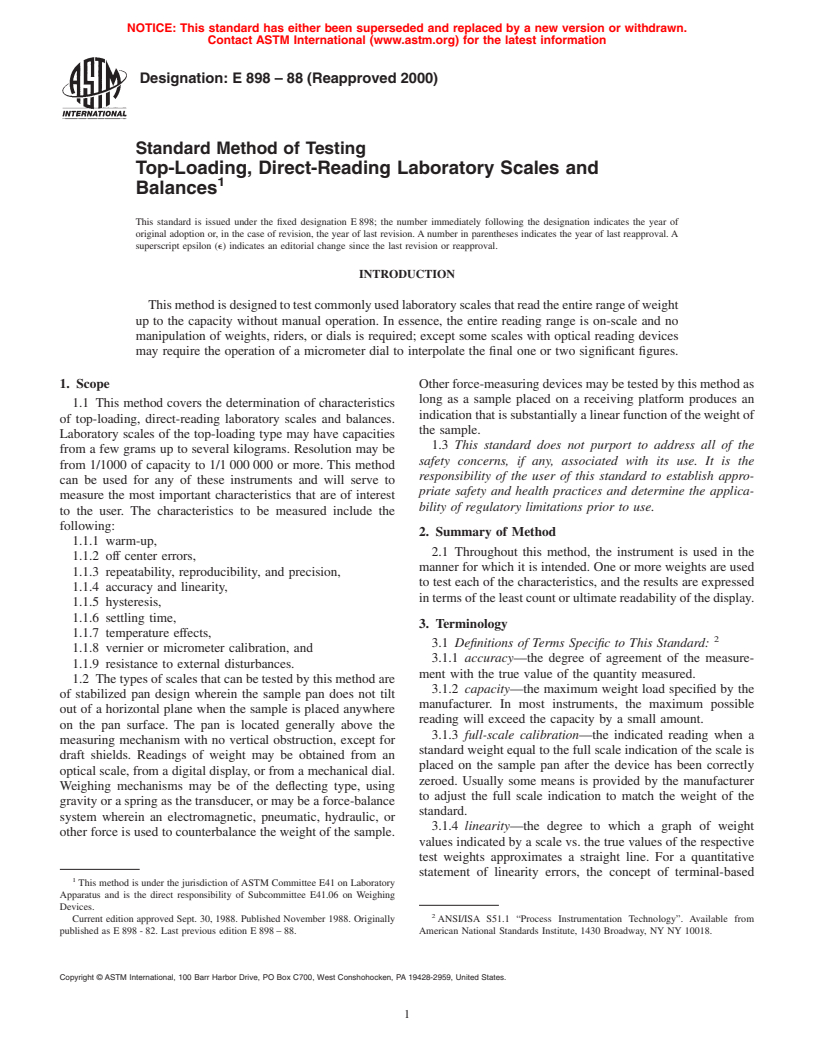 ASTM E898-88(2000) - Standard Method of Testing Top-Loading, Direct-Reading Laboratory Scales and Balances