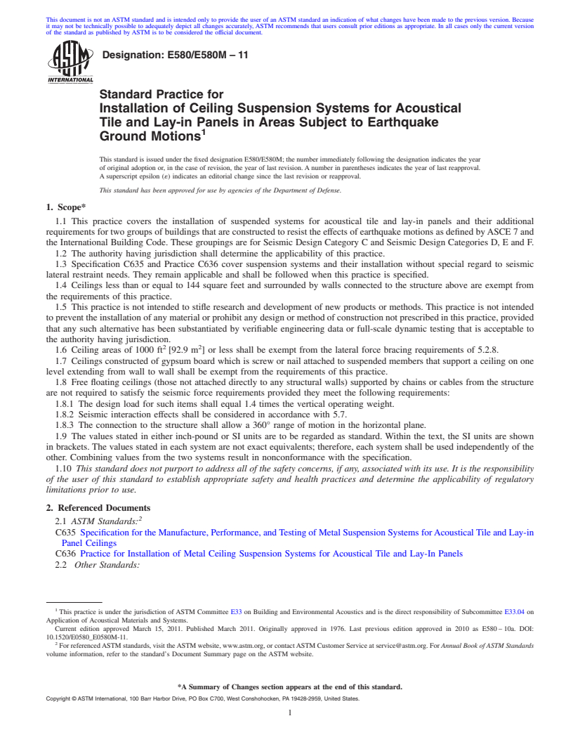 REDLINE ASTM E580/E580M-11 - Standard Practice for  Installation of Ceiling Suspension Systems for Acoustical Tile and Lay-in Panels in Areas Subject to Earthquake Ground Motions