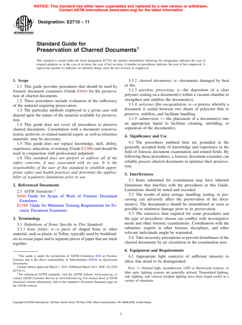 ASTM E2710-11 - Standard Guide for Preservation of Charred Documents