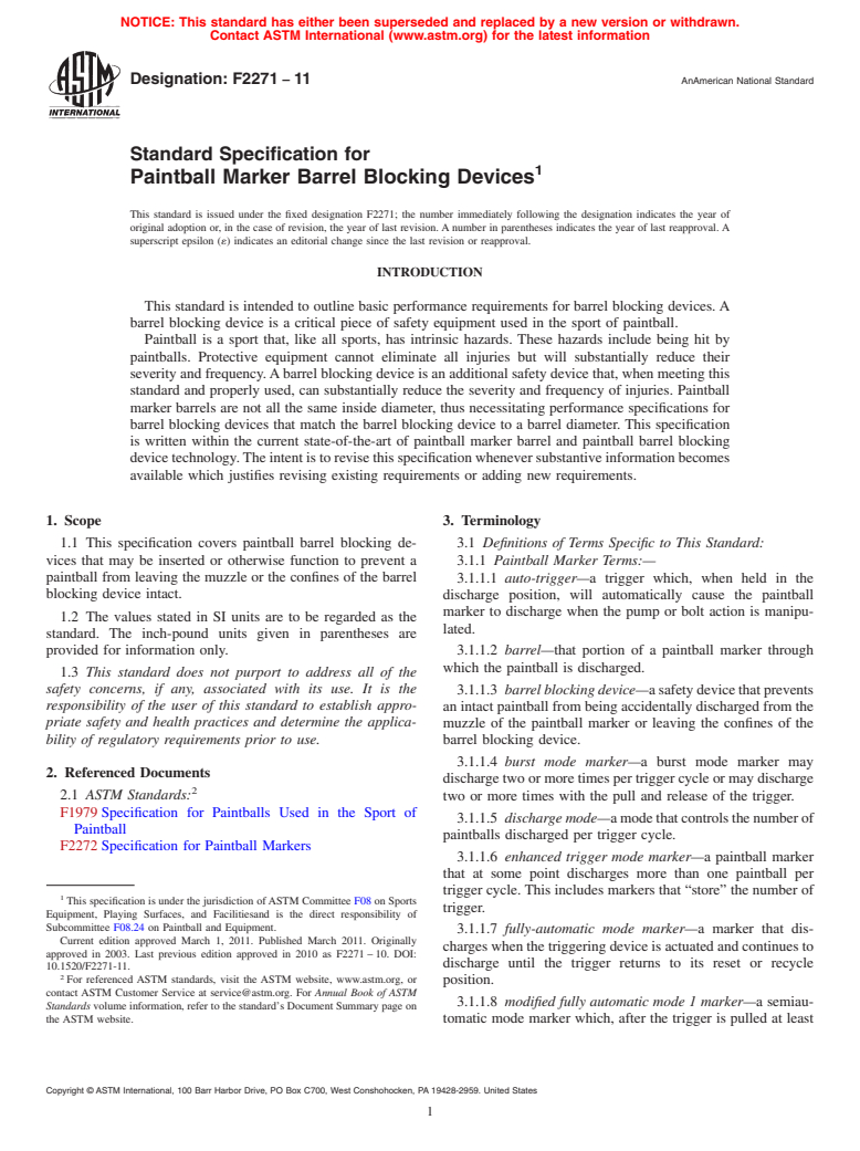 ASTM F2271-11 - Standard Specification for Paintball Marker Barrel Blocking Devices