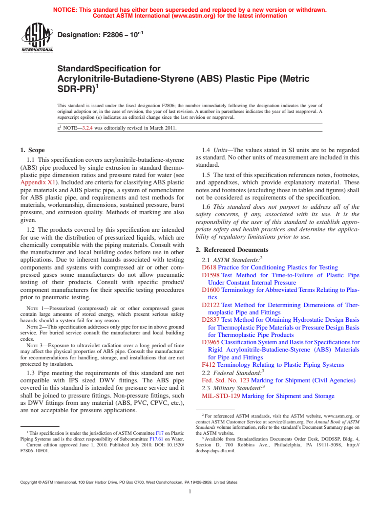 ASTM F2806-10e1 - Standard Specification for Acrylonitrile-Butadiene-Styrene (ABS) Plastic Pipe (Metric SDR-PR)