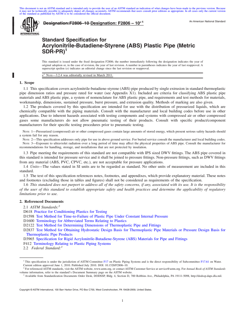 REDLINE ASTM F2806-10e1 - Standard Specification for Acrylonitrile-Butadiene-Styrene (ABS) Plastic Pipe (Metric SDR-PR)