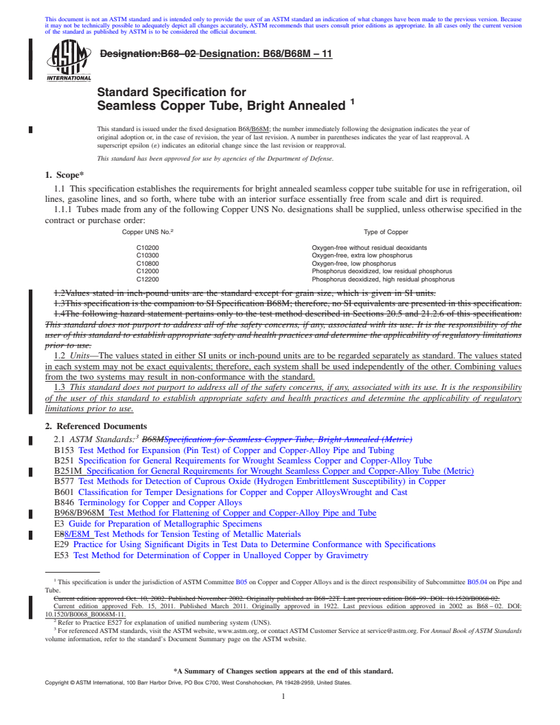REDLINE ASTM B68/B68M-11 - Standard Specification for Seamless Copper Tube, Bright Annealed