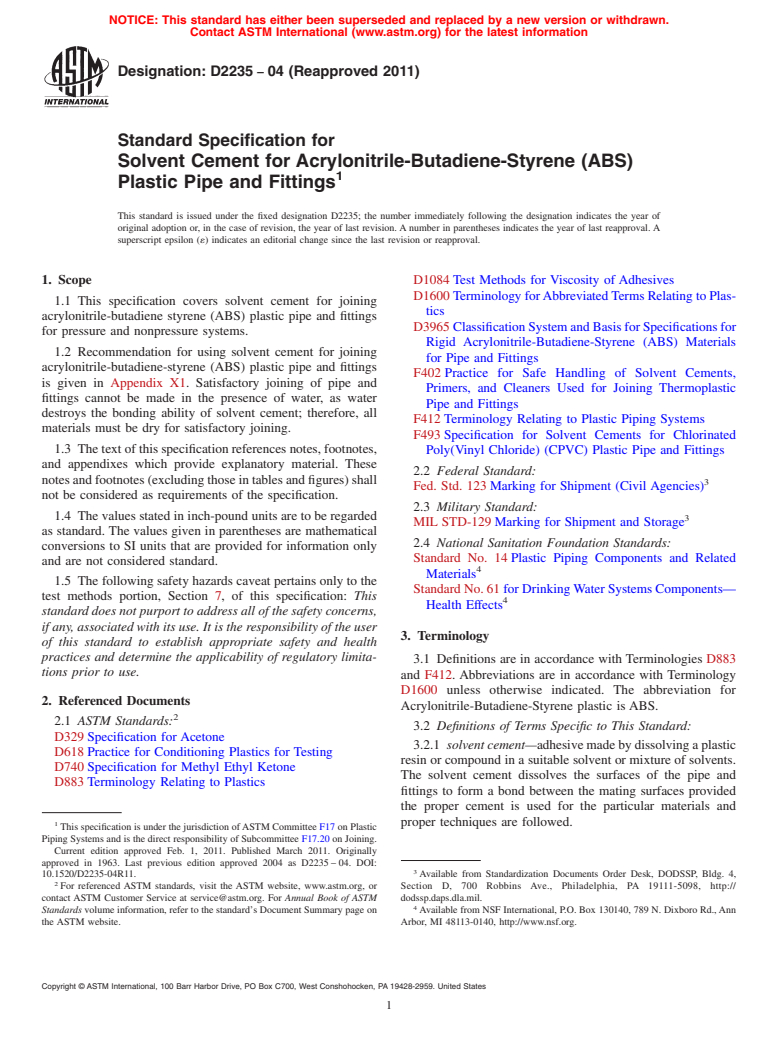 ASTM D2235-04(2011) - Standard Specification for Solvent Cement for Acrylonitrile-Butadiene-Styrene (ABS) Plastic Pipe and Fittings