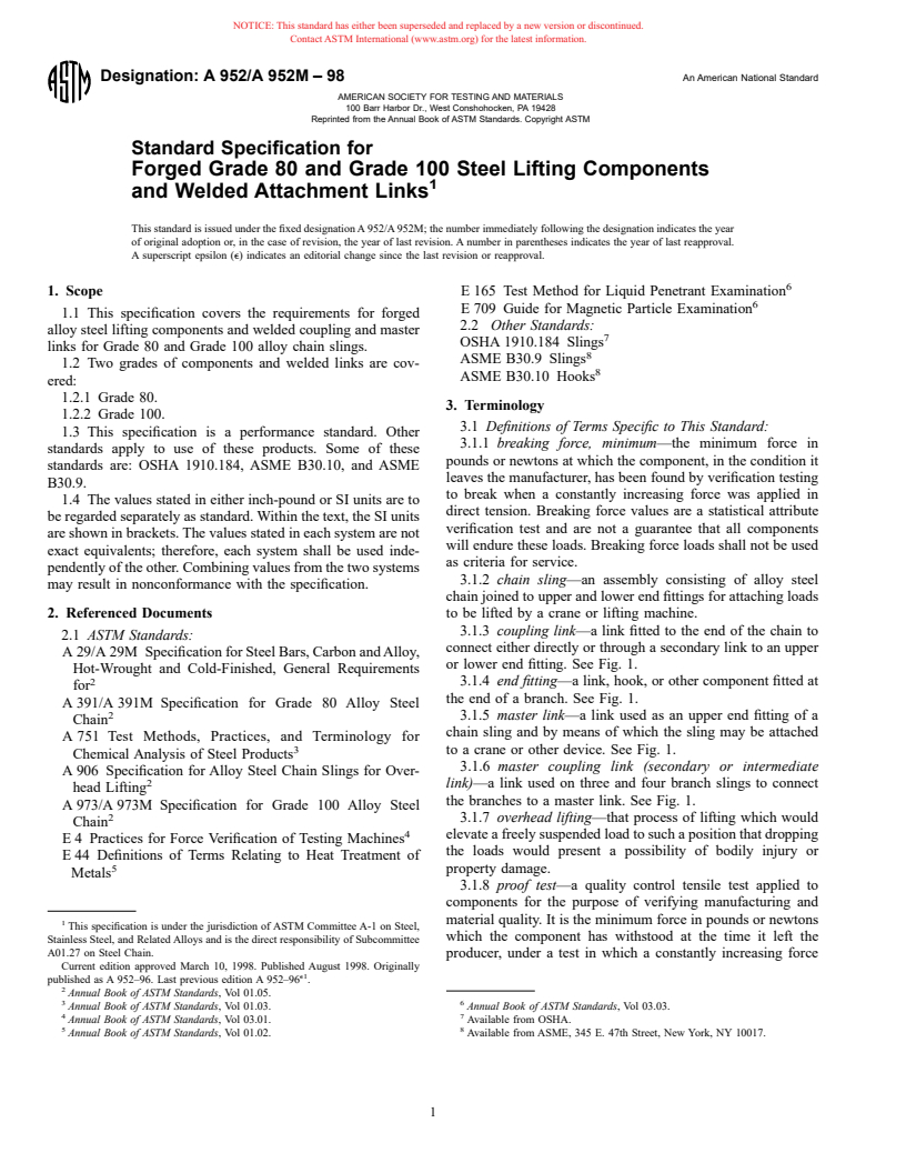 ASTM A952/A952M-98 - Standard Specification for Forged Grade 80 and Grade 100 Steel Lifting Components and Welded Attachment Links