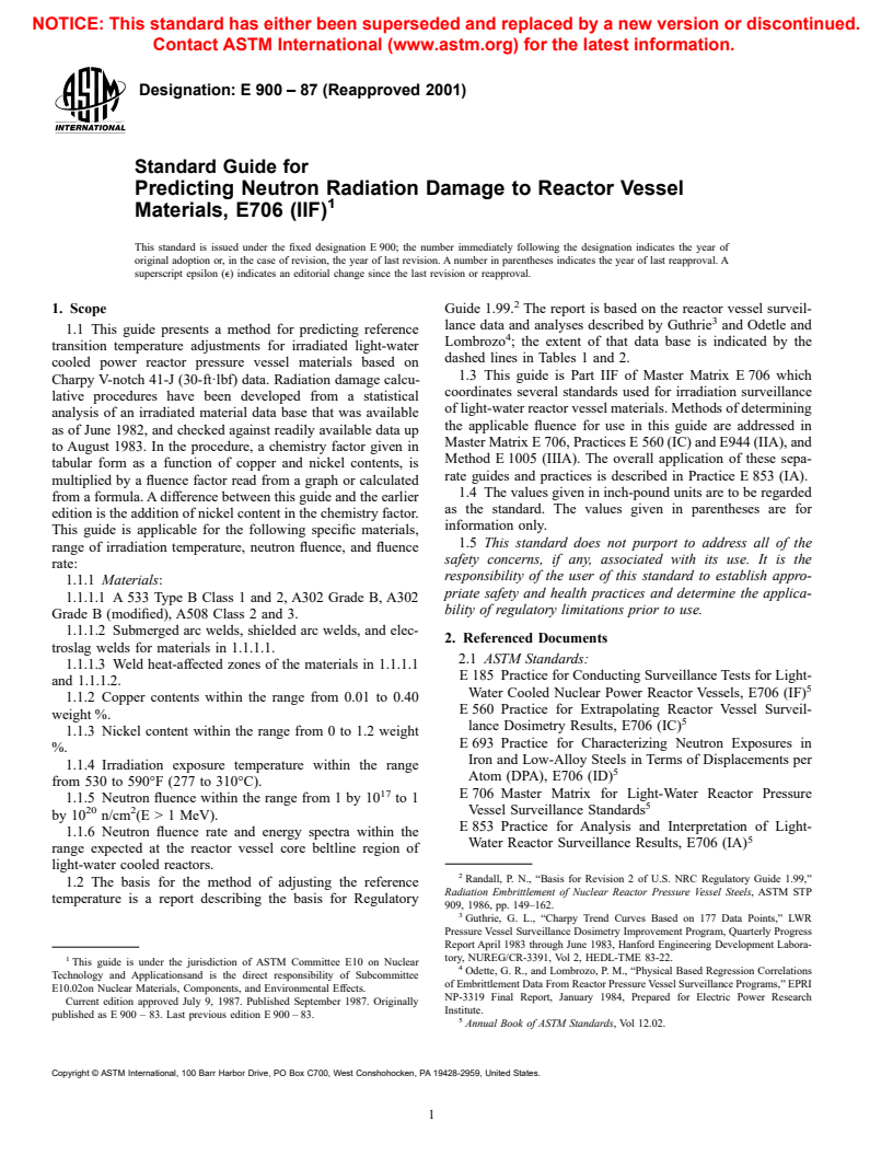 ASTM E900-87(2001) - Standard Guide for Predicting Neutron Radiation Damage to Reactor Vessel Materials, E 706 (IIF)