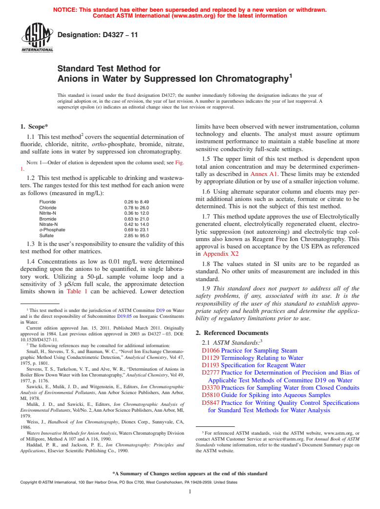 ASTM D4327-11 - Standard Test Method for Anions in Water by Suppressed Ion Chromatography