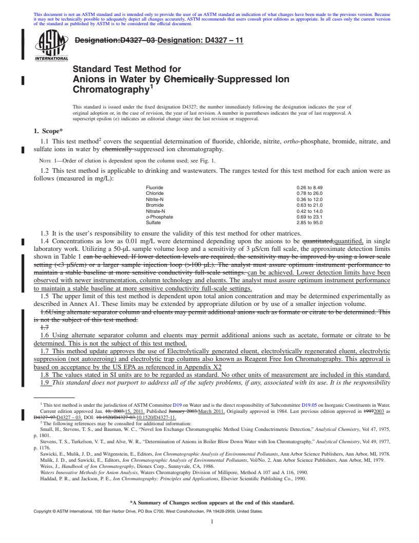 REDLINE ASTM D4327-11 - Standard Test Method for Anions in Water by Suppressed Ion Chromatography