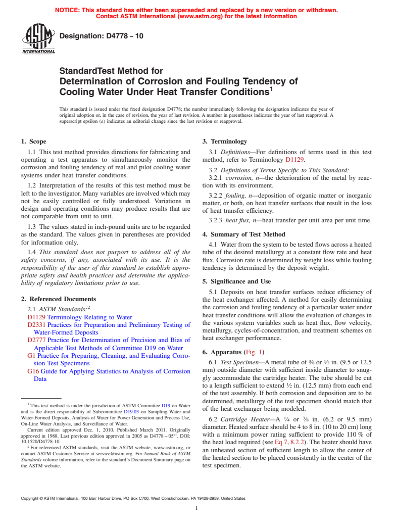 ASTM D4778-10 - Standard Test Method for Determination of Corrosion and Fouling Tendency of Cooling Water Under Heat Transfer Conditions