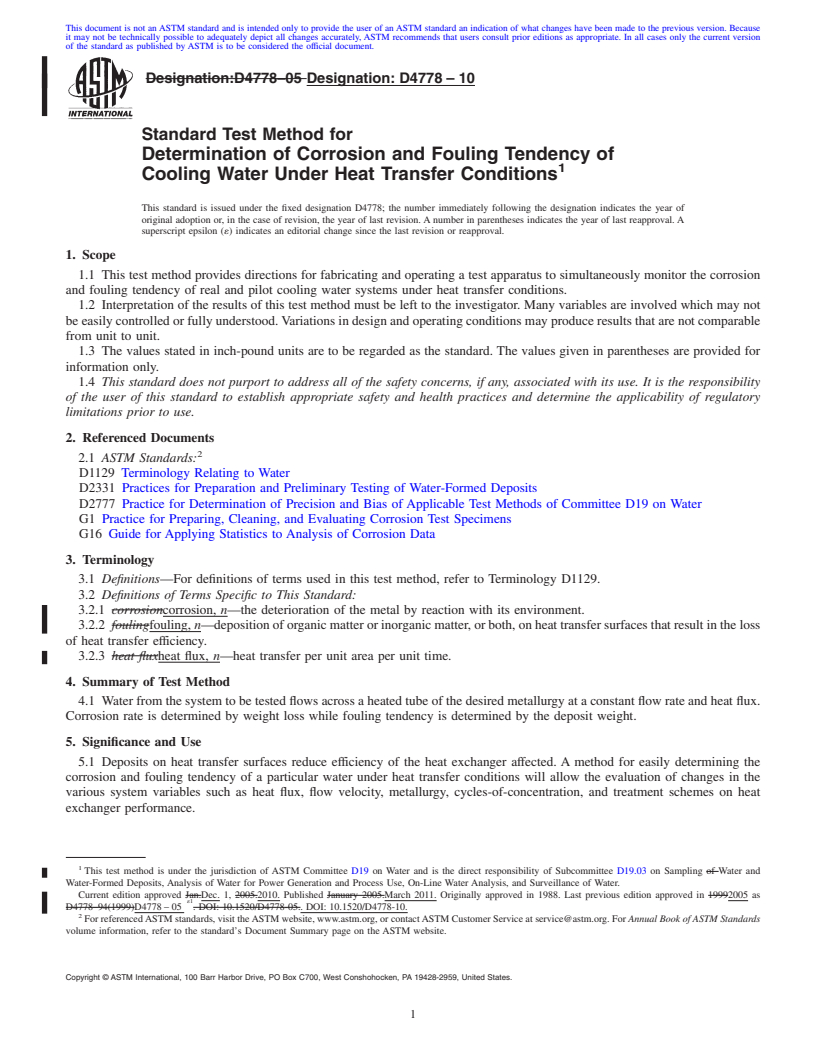 REDLINE ASTM D4778-10 - Standard Test Method for Determination of Corrosion and Fouling Tendency of Cooling Water Under Heat Transfer Conditions