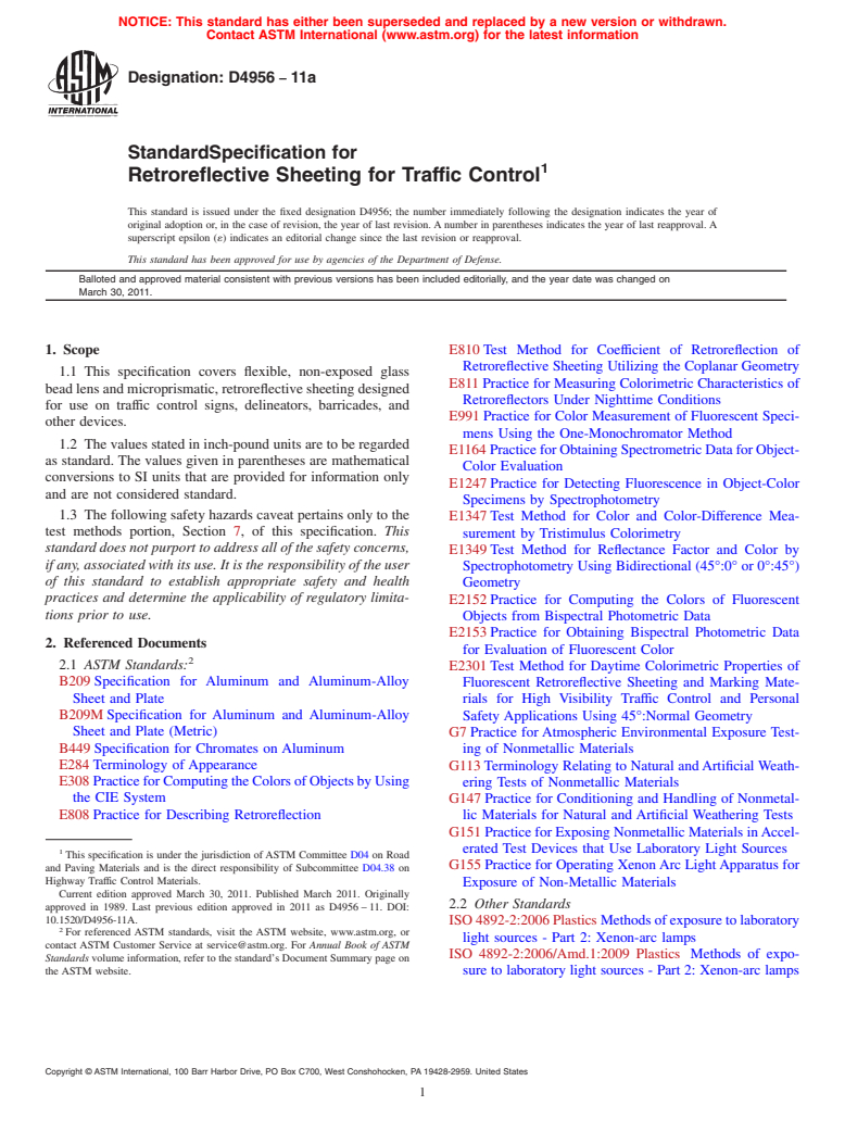 ASTM D4956-11a - Standard Specification for Retroreflective Sheeting for Traffic Control