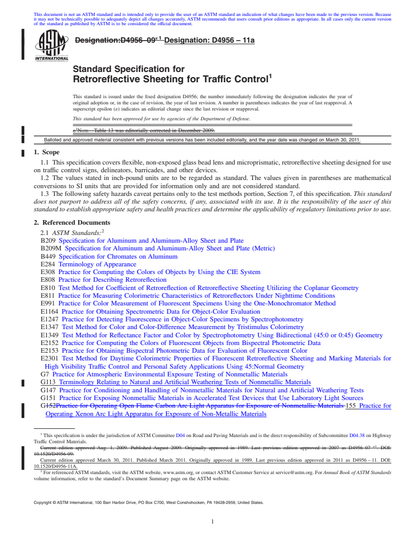 REDLINE ASTM D4956-11a - Standard Specification for Retroreflective Sheeting for Traffic Control