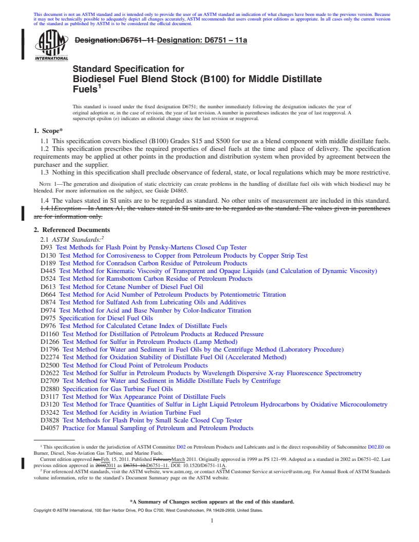 REDLINE ASTM D6751-11a - Standard Specification for Biodiesel Fuel Blend Stock (B100) for Middle Distillate Fuels