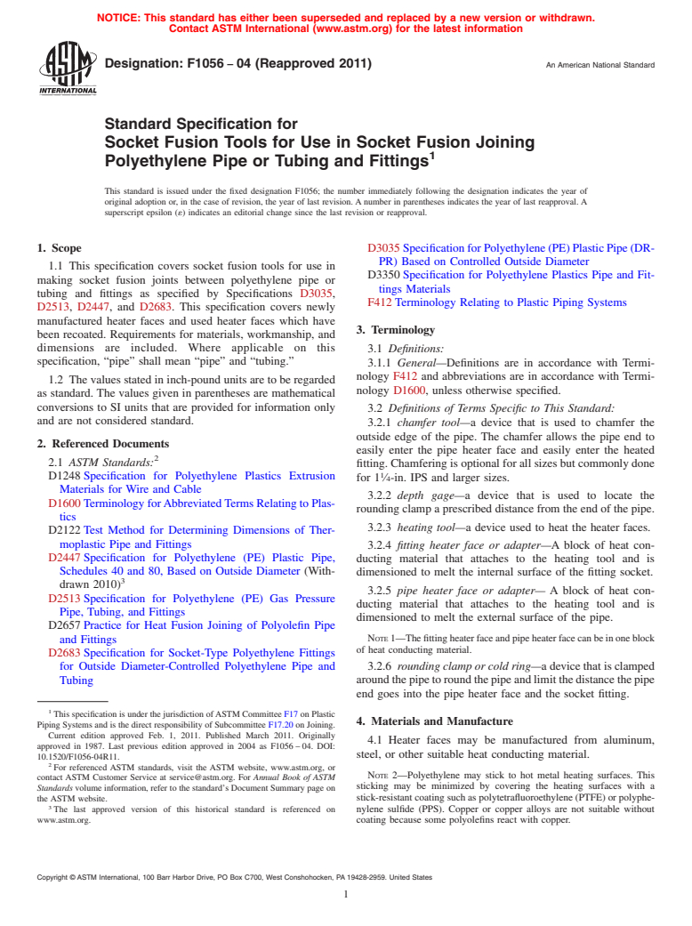 ASTM F1056-04(2011) - Standard Specification for Socket Fusion Tools for Use in Socket Fusion Joining Polyethylene Pipe or Tubing and Fittings