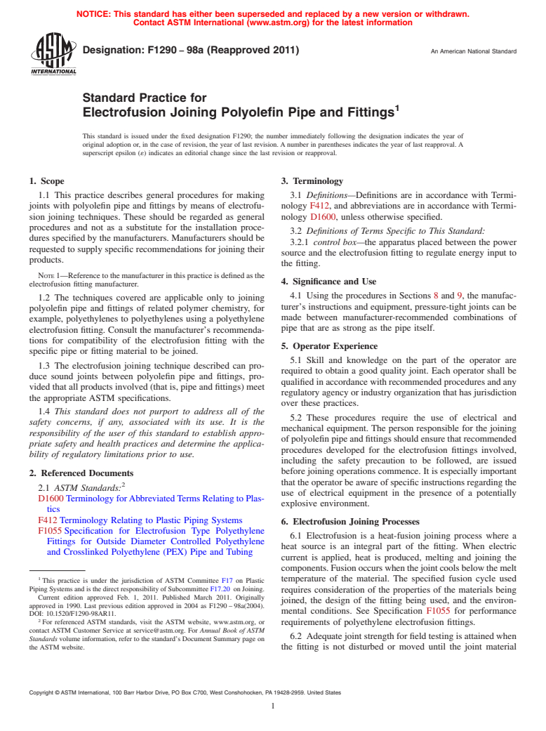 ASTM F1290-98a(2011) - Standard Practice for Electrofusion Joining Polyolefin Pipe and Fittings