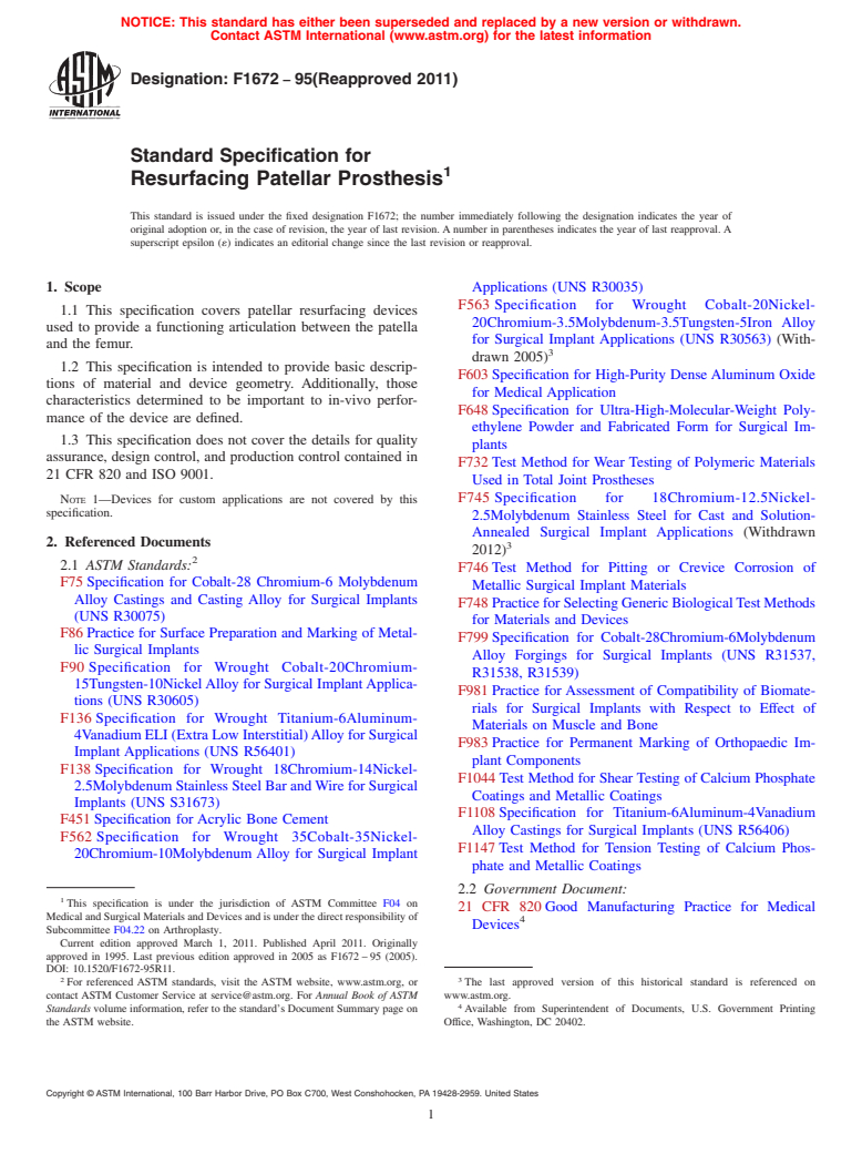 ASTM F1672-95(2011) - Standard Specification for Resurfacing Patellar Prosthesis