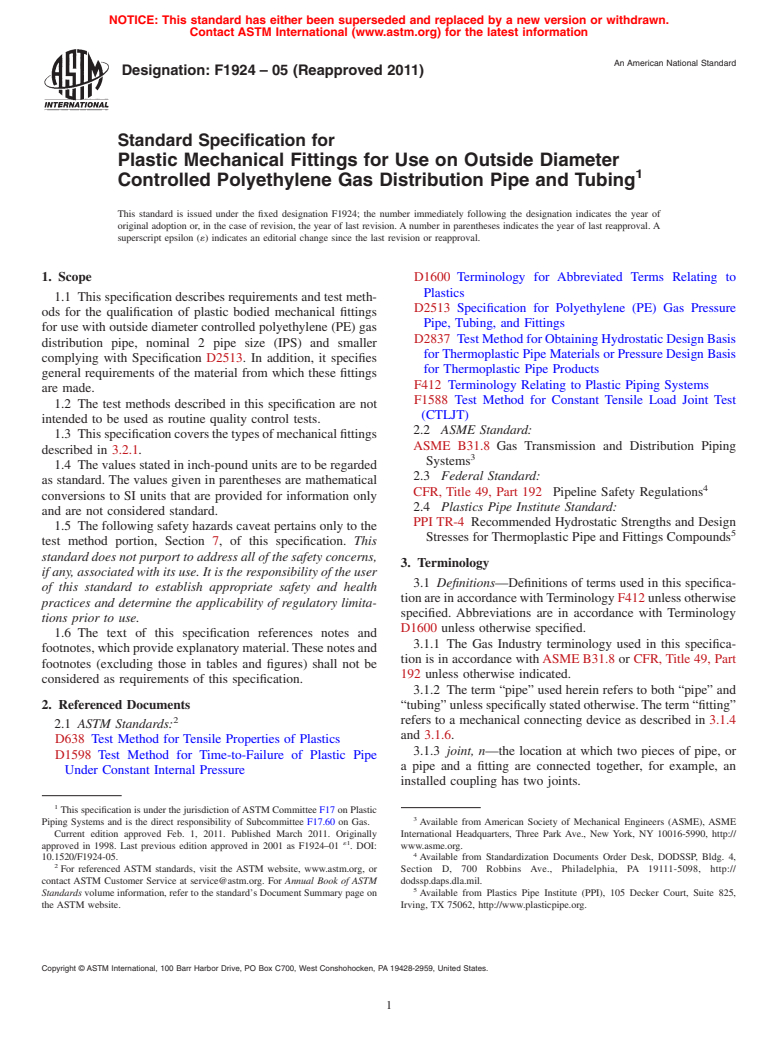 ASTM F1924-05(2011) - Standard Specification for Plastic Mechanical Fittings for Use on Outside Diameter Controlled Polyethylene Gas Distribution Pipe and Tubing