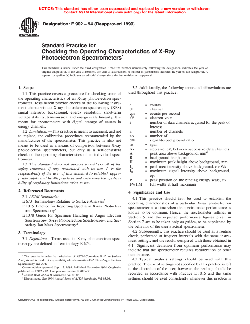 ASTM E902-94(1999) - Standard Practice for Checking the Operating Characteristics of X-Ray Photoelectron Spectrometers