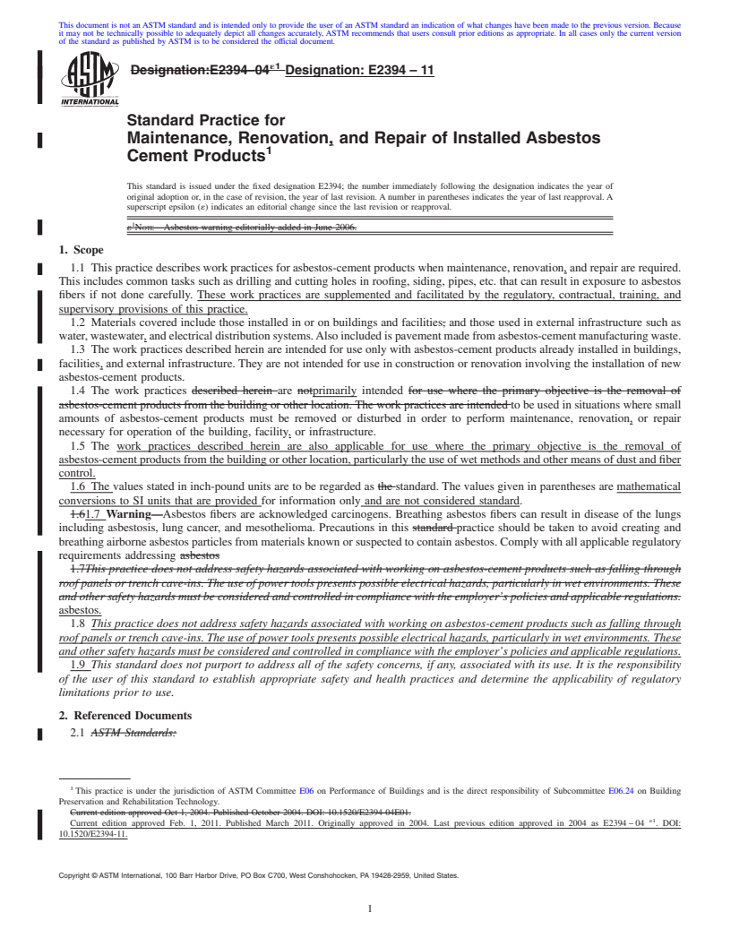 REDLINE ASTM E2394-11 - Standard Practice for Maintenance, Renovation and Repair of Installed Asbestos Cement Products