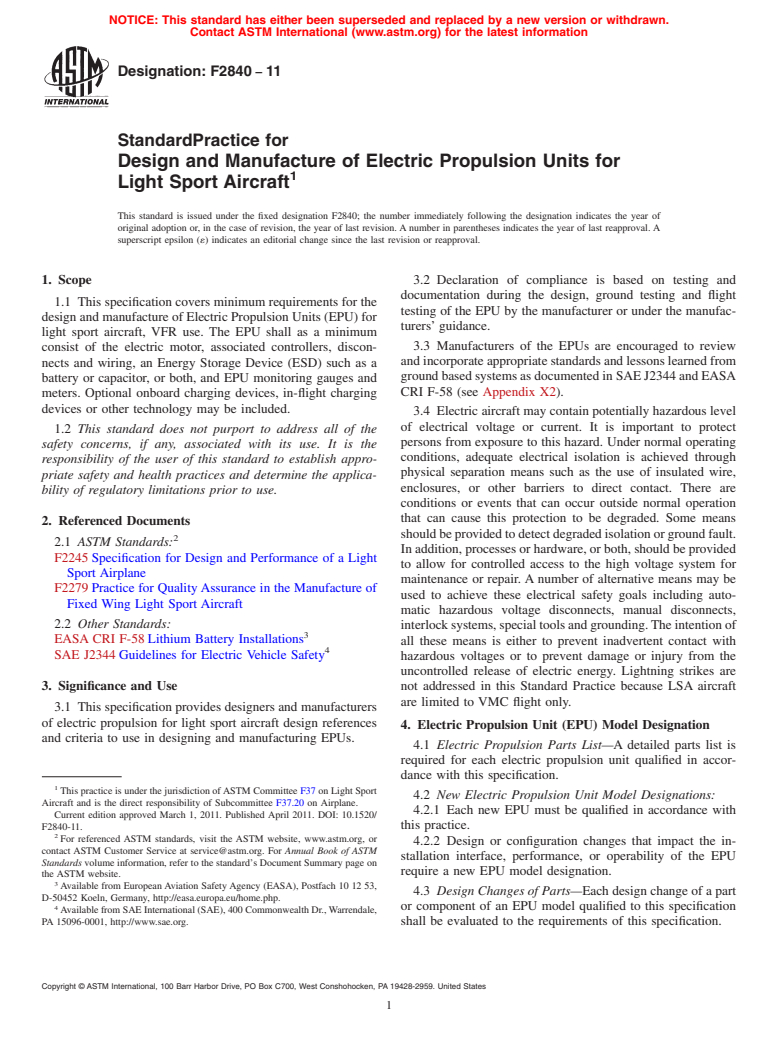 ASTM F2840-11 - Standard Practice for Design and Manufacture of Electric Propulsion Units for Light Sport Aircraft