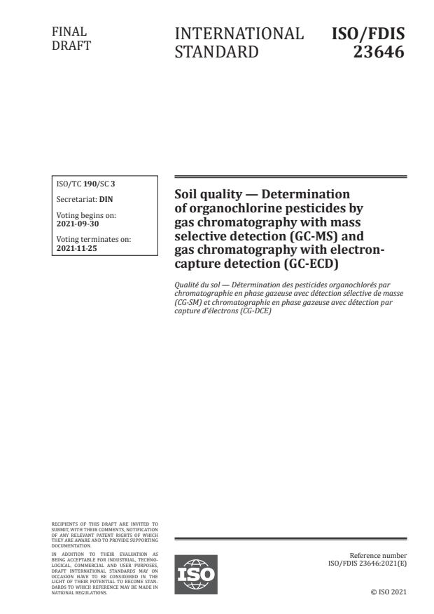 ISO/FDIS 23646 - Soil quality -- Determination of organochlorine pesticides by gas chromatography with mass selective detection (GC-MS) and gas chromatography with electron-capture detection (GC-ECD)