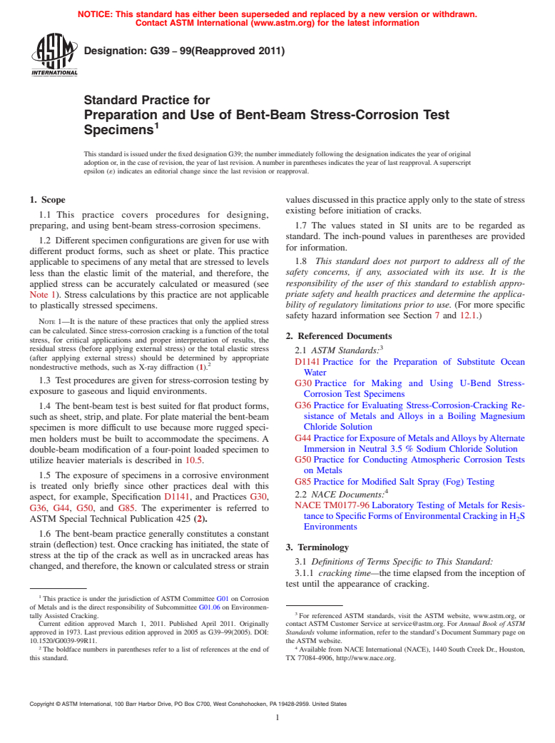 ASTM G39-99(2011) - Standard Practice for Preparation and Use of Bent-Beam Stress-Corrosion Test Specimens
