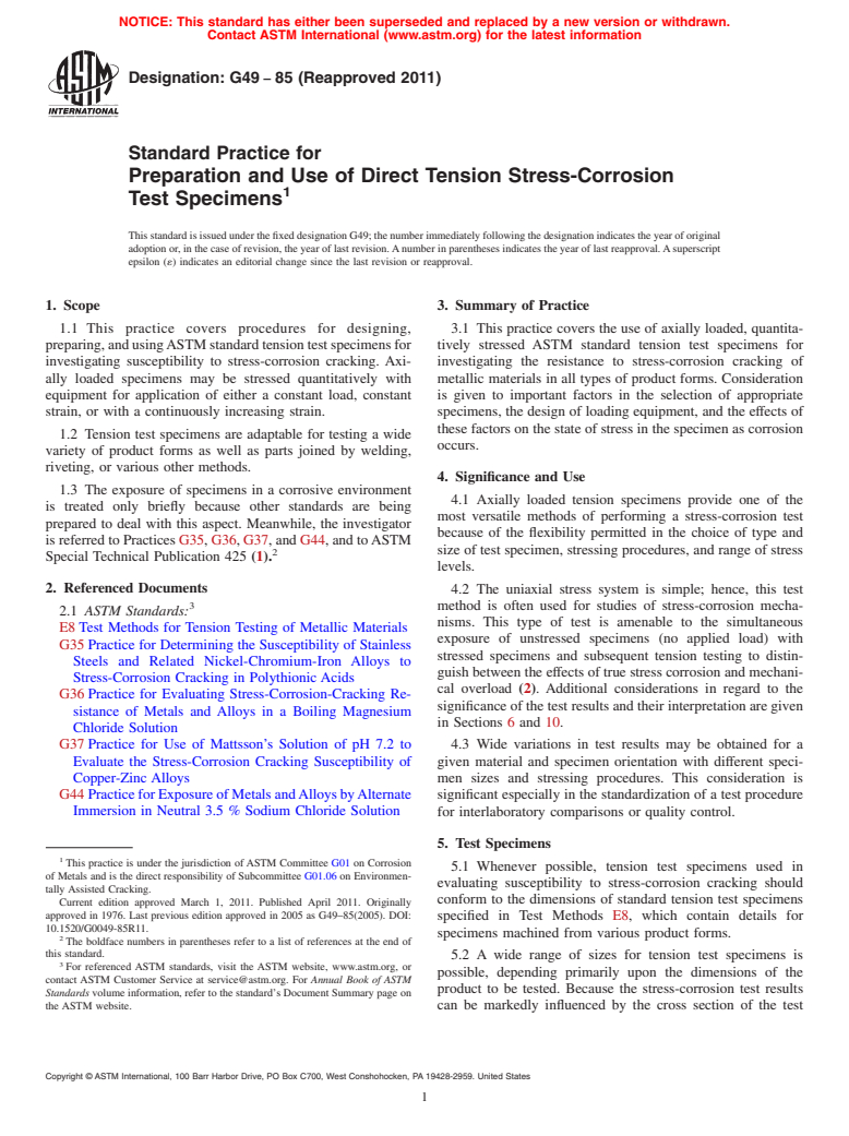 ASTM G49-85(2011) - Standard Practice for Preparation and Use of Direct Tension Stress-Corrosion Test Specimens