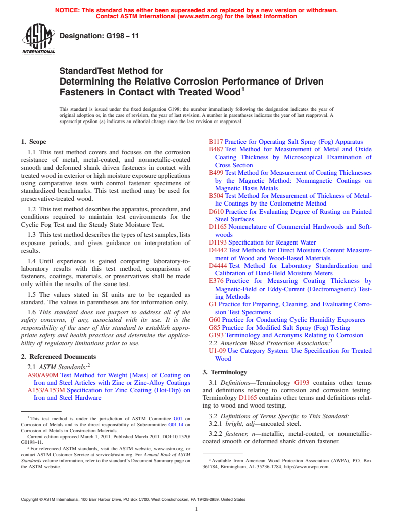 ASTM G198-11 - Standard Test Method for Determining the Relative Corrosion Performance of Driven Fasteners in Contact with Treated Wood