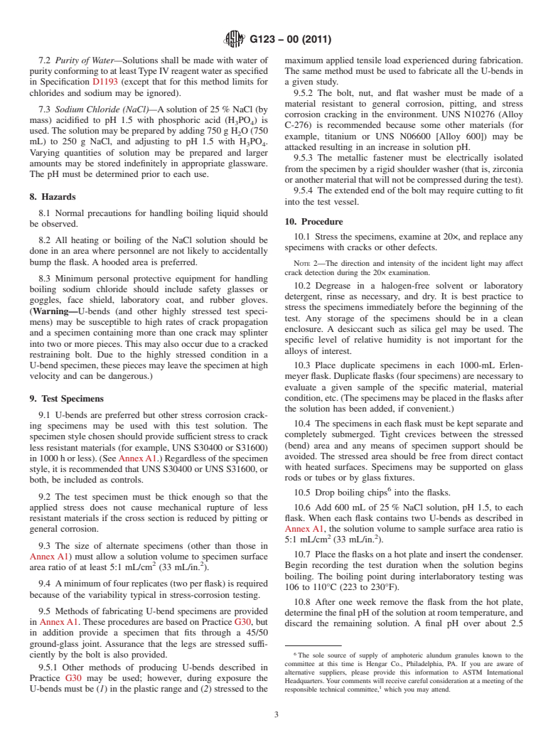 ASTM G123-00(2011) - Standard Test Method for Evaluating Stress-Corrosion Cracking of Stainless Alloys with Different Nickel Content in Boiling Acidified Sodium Chloride Solution