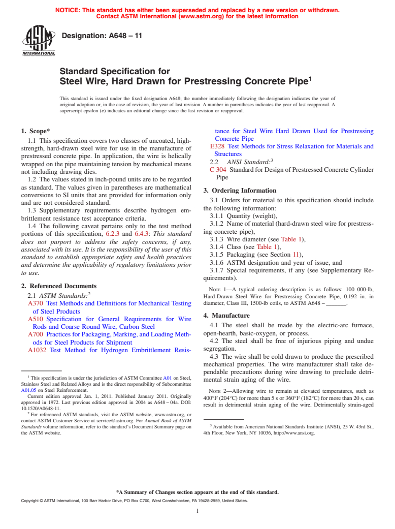 ASTM A648-11 - Standard Specification for  Steel Wire, Hard Drawn for Prestressing Concrete Pipe