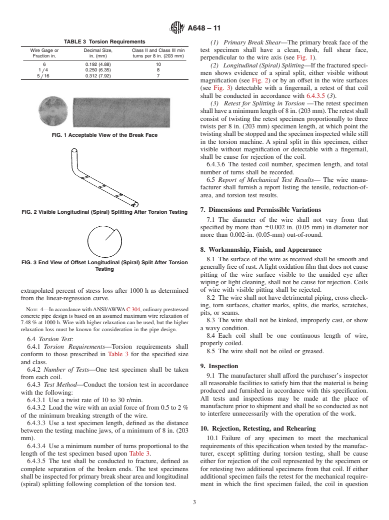 ASTM A648-11 - Standard Specification for  Steel Wire, Hard Drawn for Prestressing Concrete Pipe