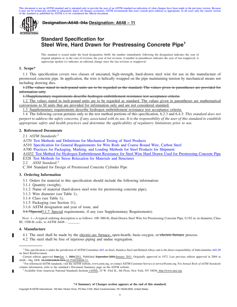 REDLINE ASTM A648-11 - Standard Specification for  Steel Wire, Hard Drawn for Prestressing Concrete Pipe
