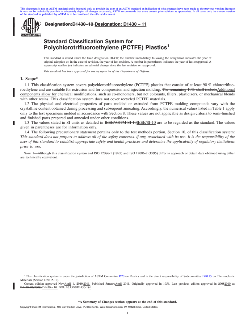 REDLINE ASTM D1430-11 - Standard Classification System for  Polychlorotrifluoroethylene (PCTFE) Plastics