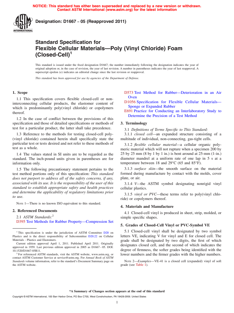 ASTM D1667-05(2011) - Standard Specification for  Flexible Cellular Materials<char: emdash>Poly (Vinyl Chloride) Foam (Closed-Cell)