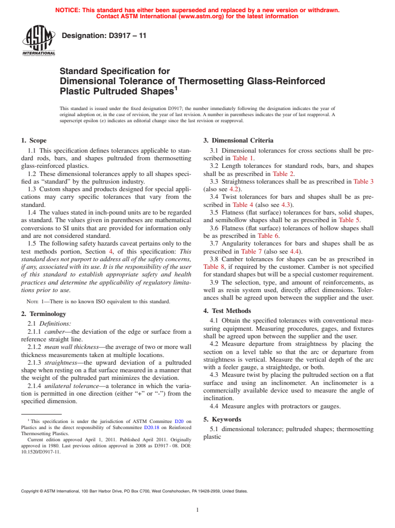 ASTM D3917-11 - Standard Specification for  Dimensional Tolerance of Thermosetting Glass-Reinforced Plastic Pultruded Shapes