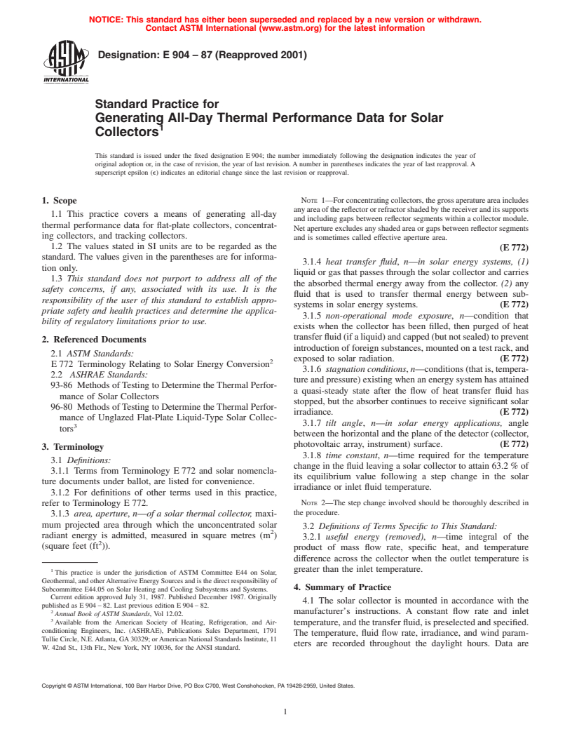 ASTM E904-87(2001) - Standard Practice for Generating All-Day Thermal Performance Data for Solar Collectors