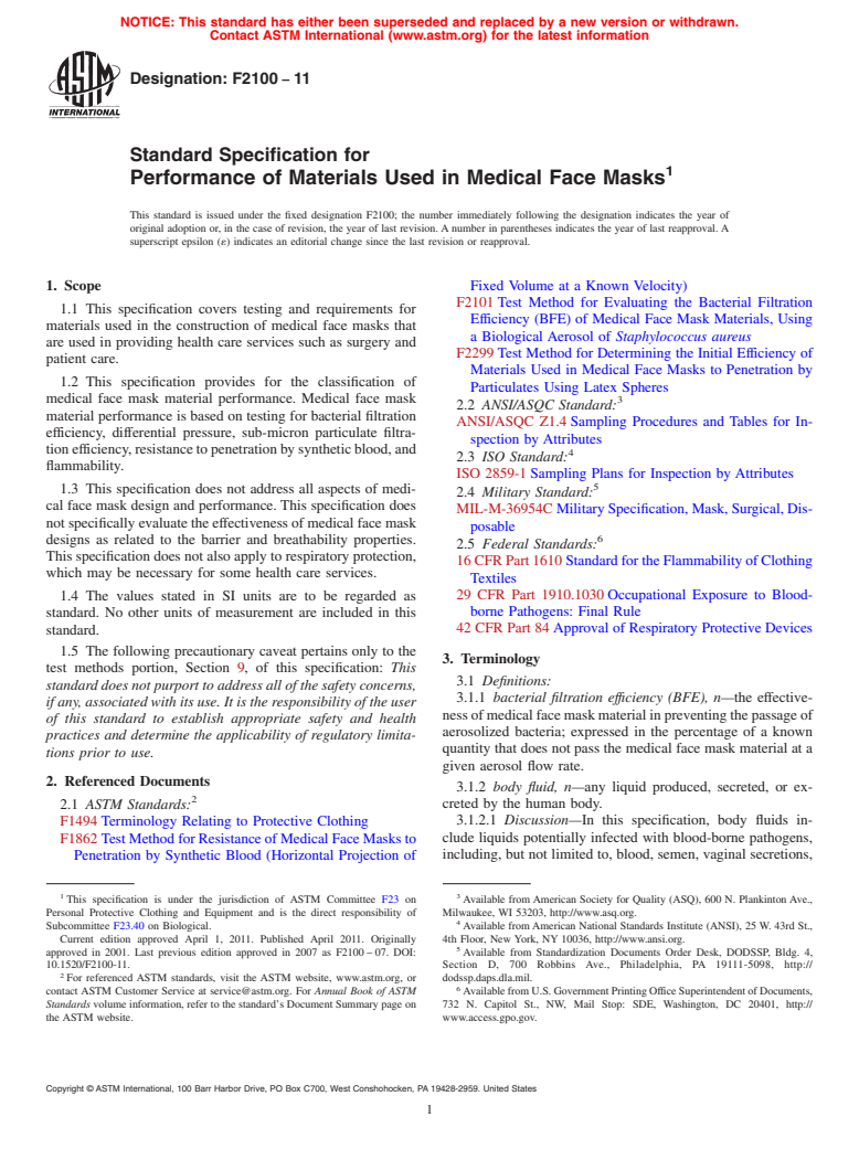 ASTM F2100-11 - Standard Specification for Performance of Materials Used in Medical Face Masks