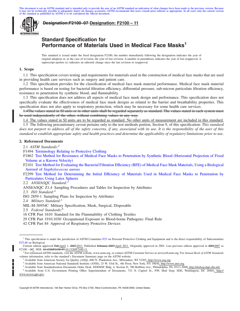 REDLINE ASTM F2100-11 - Standard Specification for Performance of Materials Used in Medical Face Masks