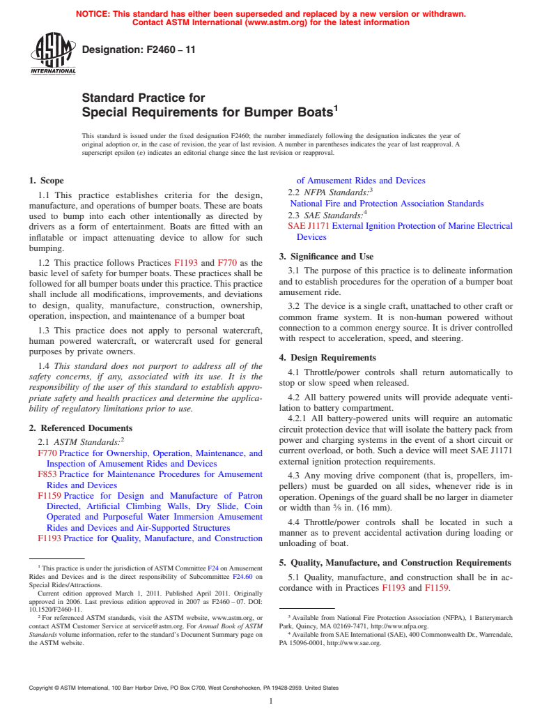 ASTM F2460-11 - Standard Practice for Special Requirements for Bumper Boats