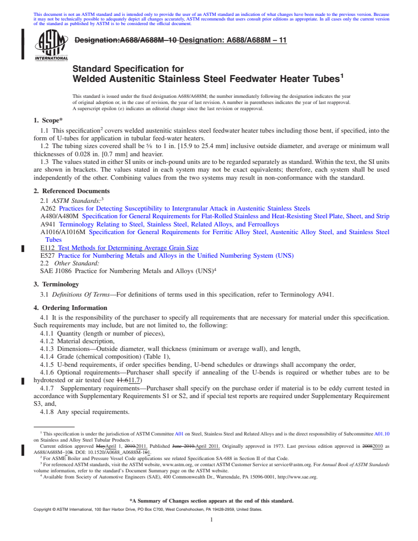 REDLINE ASTM A688/A688M-11 - Standard Specification for  Welded Austenitic Stainless Steel Feedwater Heater Tubes