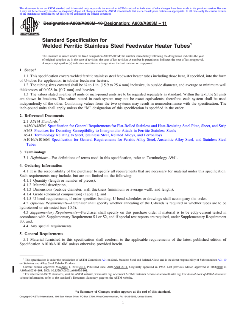 REDLINE ASTM A803/A803M-11 - Standard Specification for  Welded Ferritic Stainless Steel Feedwater Heater Tubes